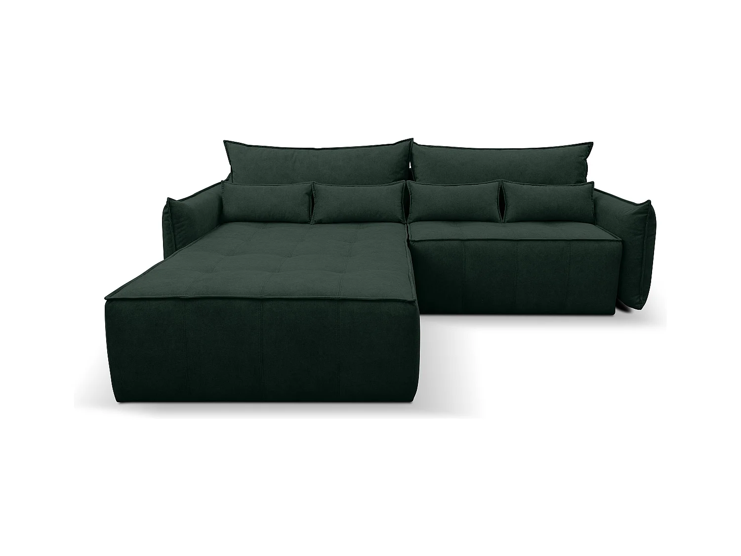 Canapé d'angle Empoli avec fonction couchage et coffre de rangement, couleur : vert, tissu velours, pouf à gauche