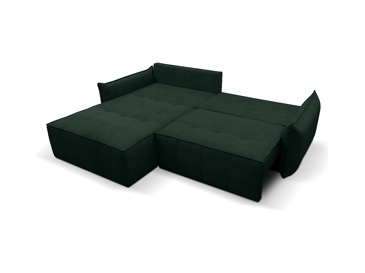 Canapé d'angle Empoli avec fonction couchage et coffre de rangement, couleur : vert, tissu velours, pouf à gauche