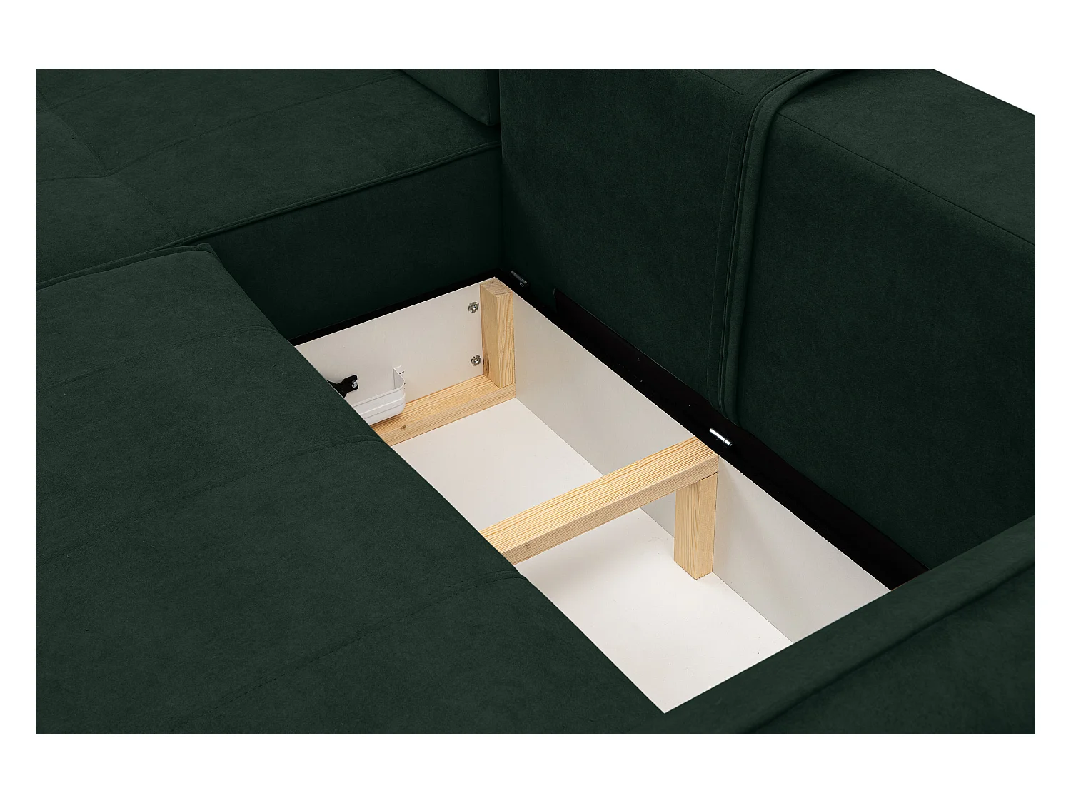 Canapé d'angle Empoli avec fonction couchage et coffre de rangement, couleur : vert, tissu velours, pouf à gauche