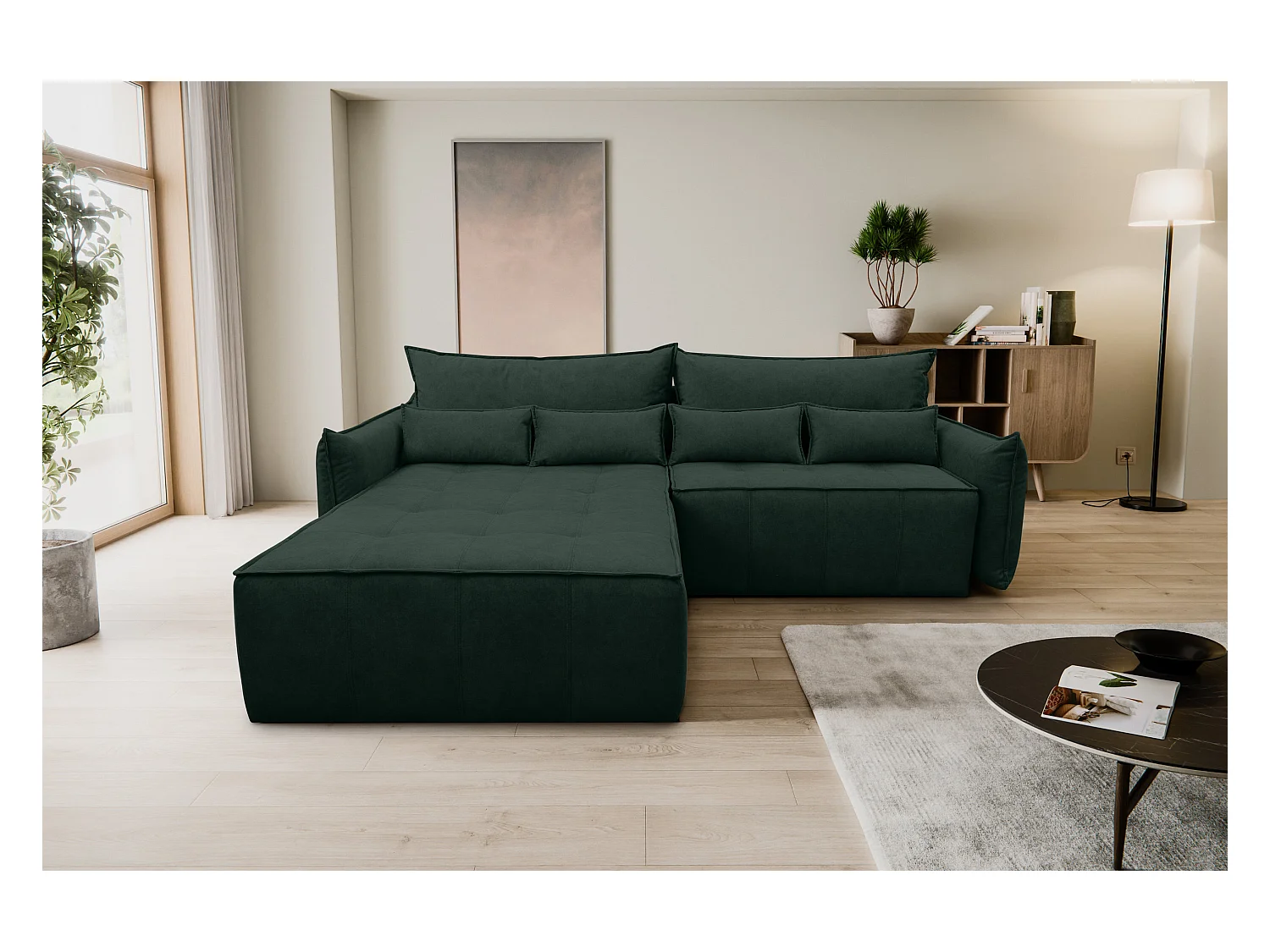 Canapé d'angle Empoli avec fonction couchage et coffre de rangement, couleur : vert, tissu velours, pouf à gauche