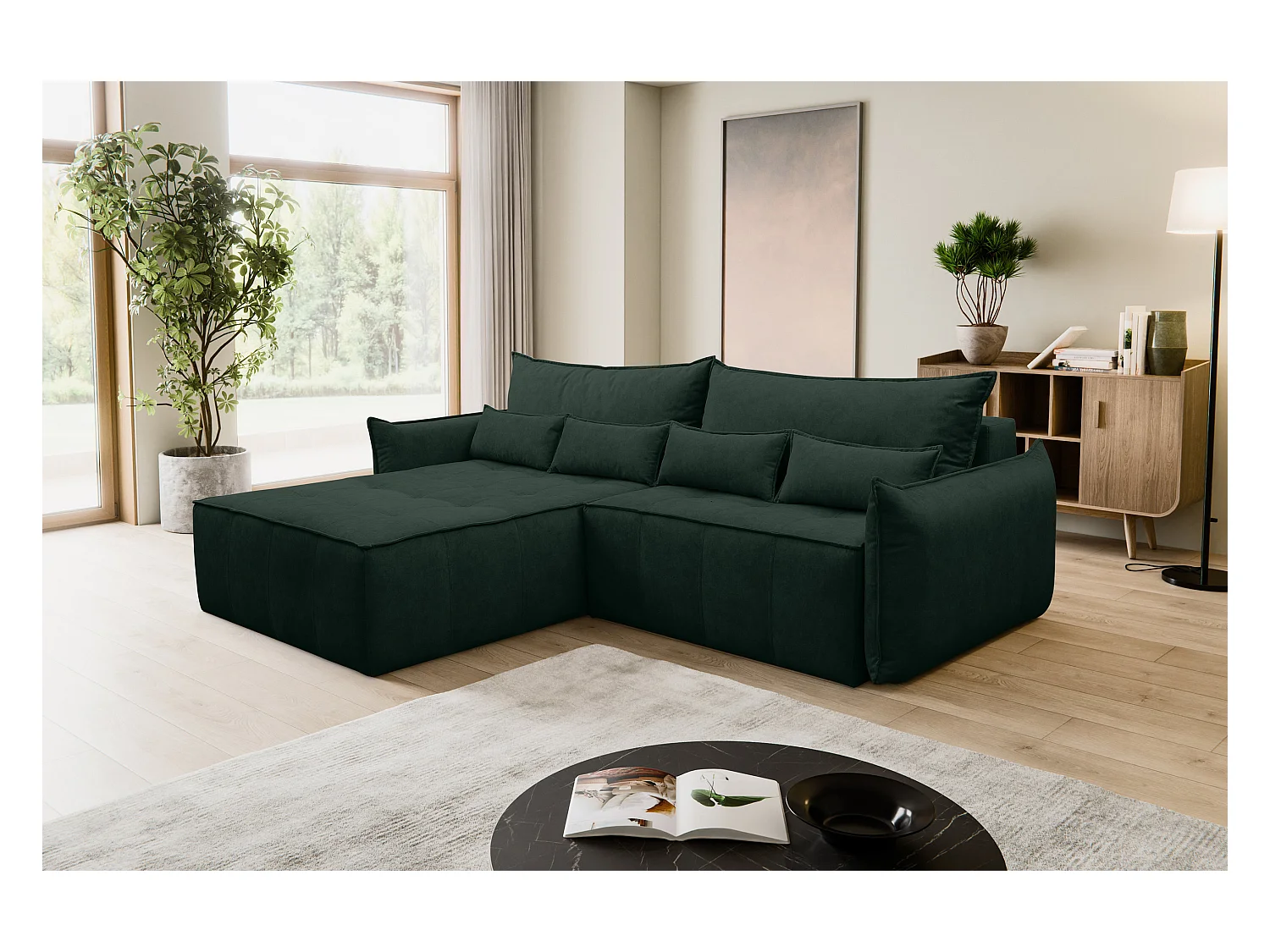 Canapé d'angle Empoli avec fonction couchage et coffre de rangement, couleur : vert, tissu velours, pouf à gauche