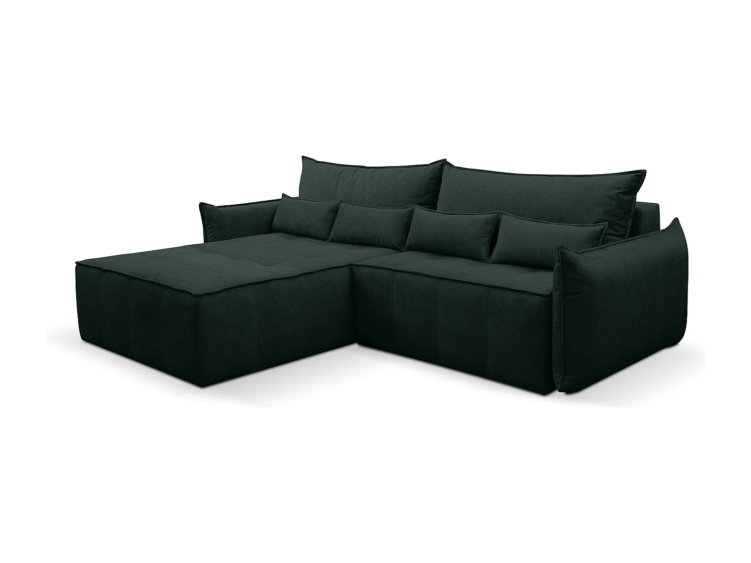 Canapé d'angle Empoli avec fonction couchage et coffre de rangement, couleur : vert, tissu velours, pouf à gauche