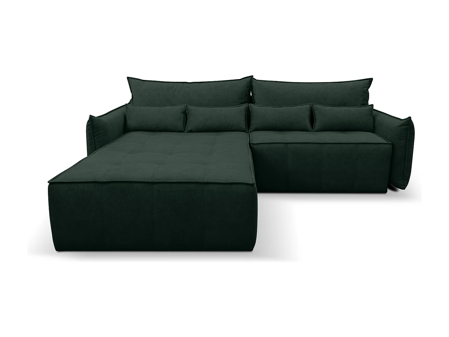 Canapé d'angle Empoli avec fonction couchage et coffre de rangement, couleur : vert, tissu velours, pouf à gauche