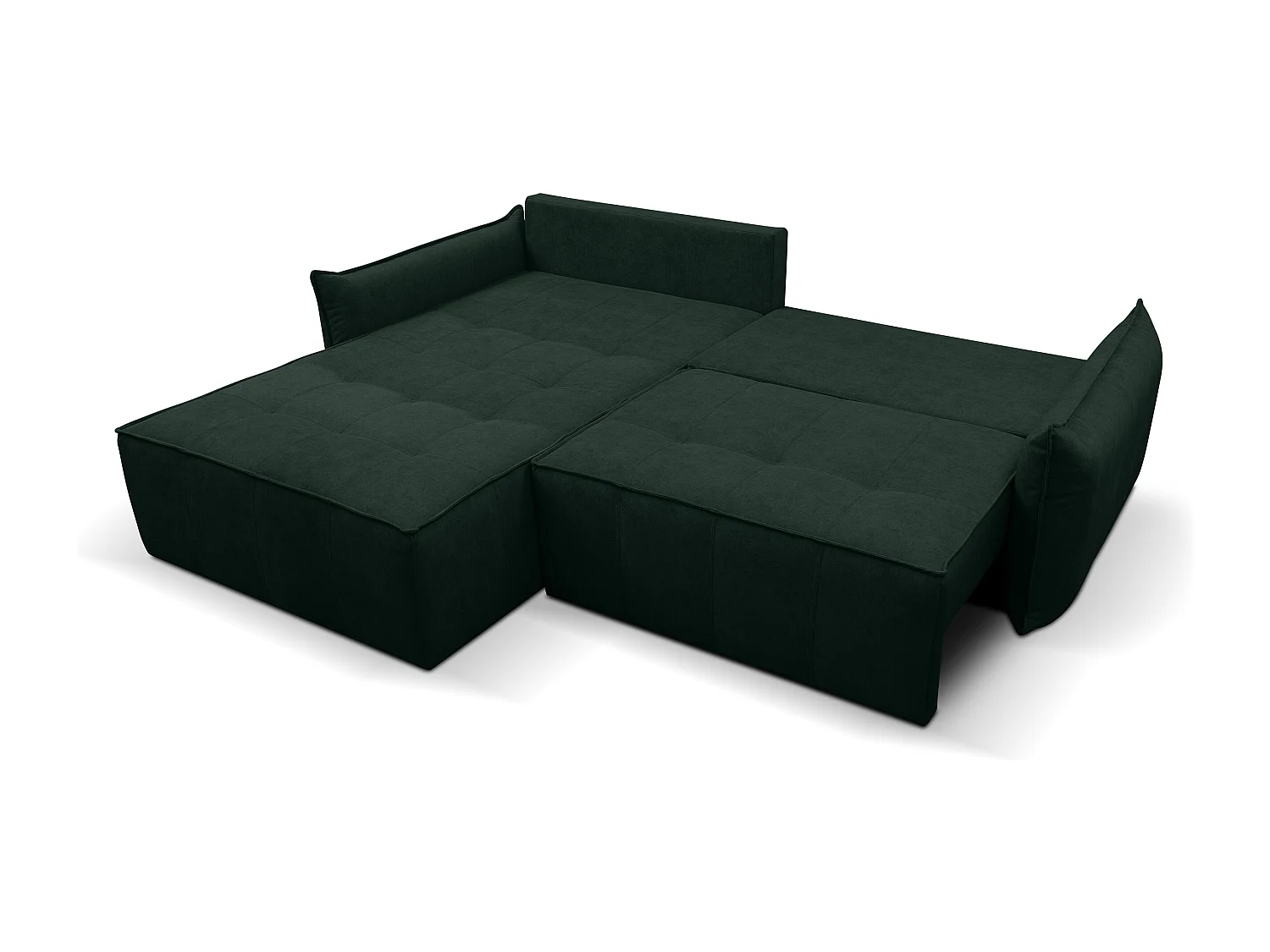 Canapé d'angle Empoli avec fonction couchage et coffre de rangement, couleur : vert, tissu velours, pouf à gauche