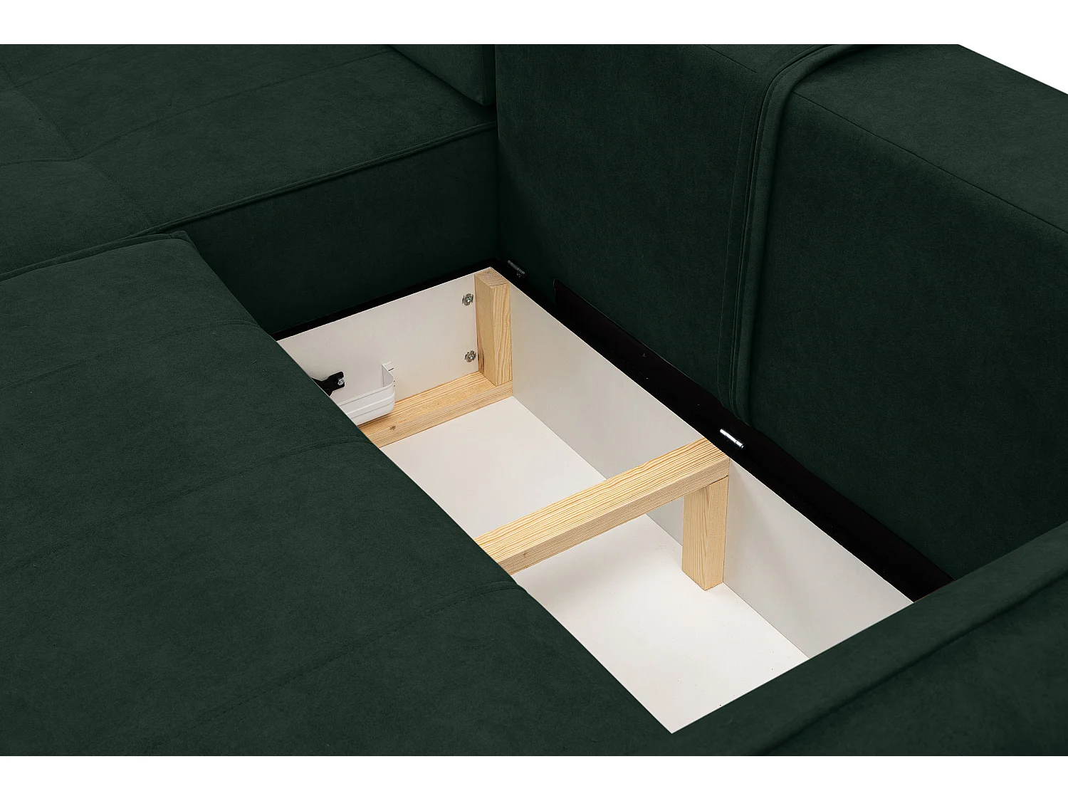 Canapé d'angle Empoli avec fonction couchage et coffre de rangement, couleur : vert, tissu velours, pouf à gauche