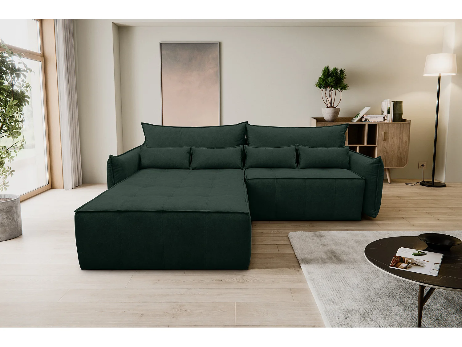 Canapé d'angle Empoli avec fonction couchage et coffre de rangement, couleur : vert, tissu velours, pouf à gauche