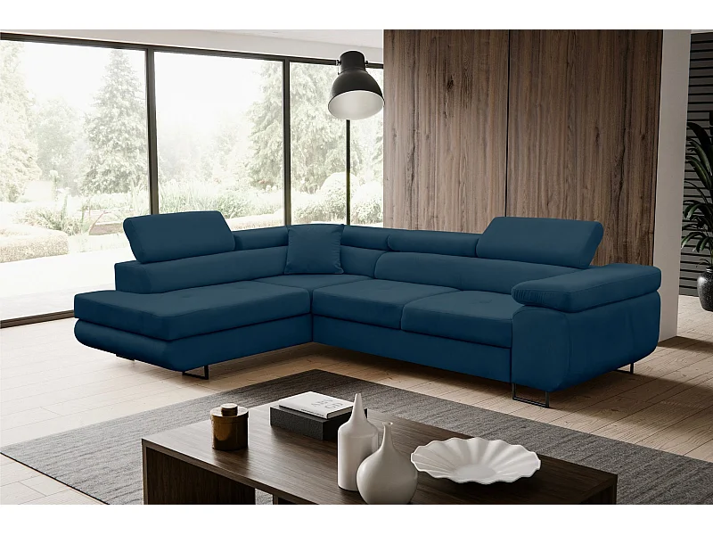 Canapé d'angle Jerry avec fonction couchage et coffre de rangement, couleur : bleu, tissu velours, pouf à gauche