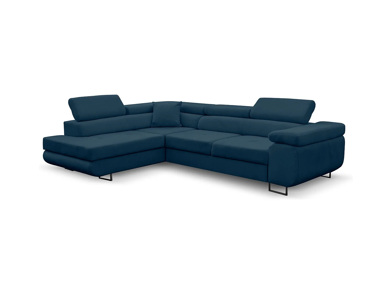 Canapé d'angle Jerry avec fonction couchage et coffre de rangement, couleur : bleu, tissu velours, pouf à gauche