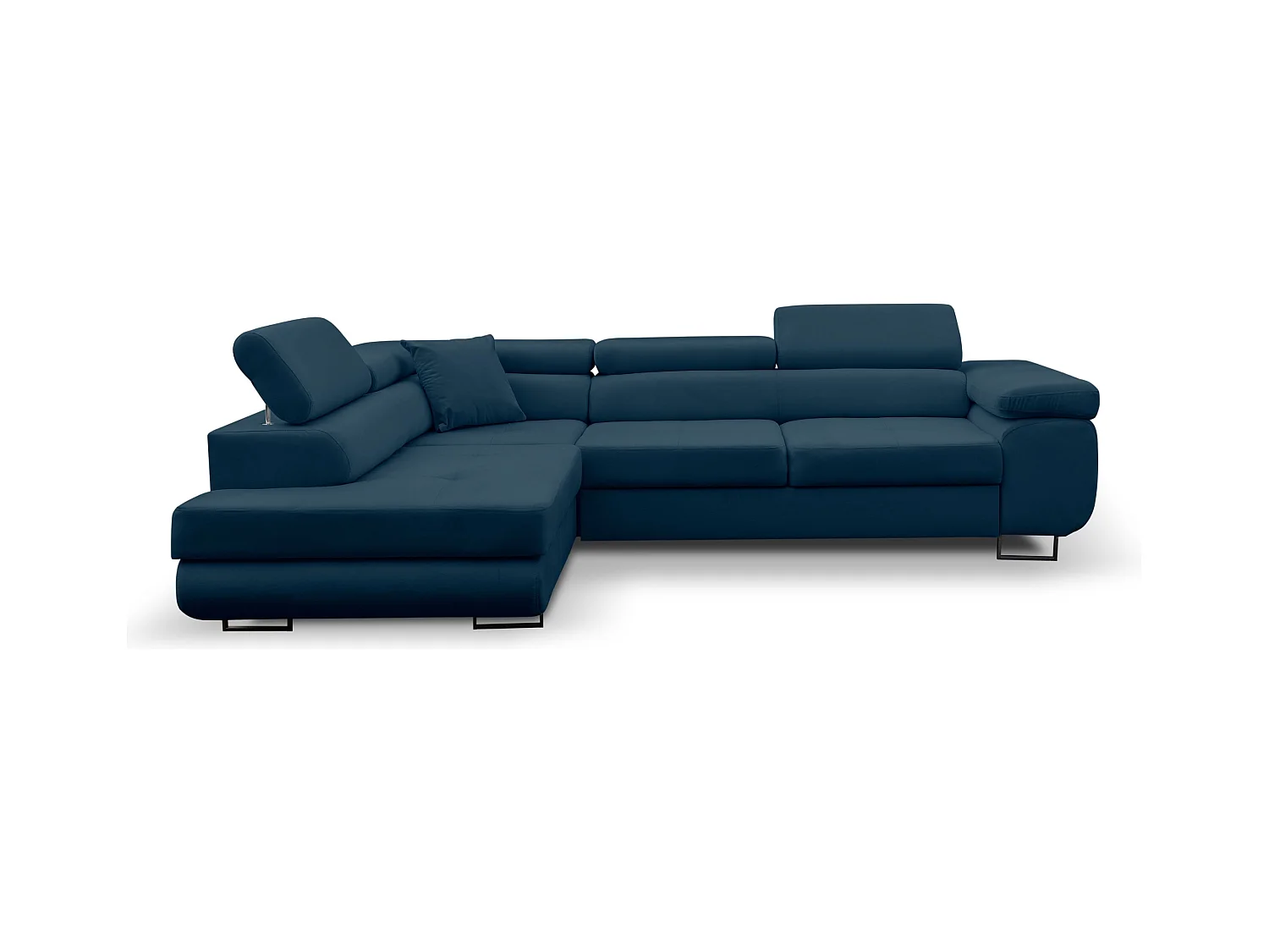 Canapé d'angle Jerry avec fonction couchage et coffre de rangement, couleur : bleu, tissu velours, pouf à gauche