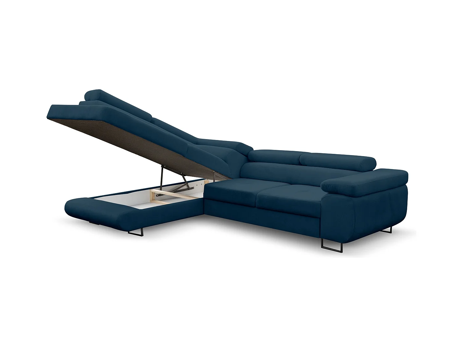 Canapé d'angle Jerry avec fonction couchage et coffre de rangement, couleur : bleu, tissu velours, pouf à gauche