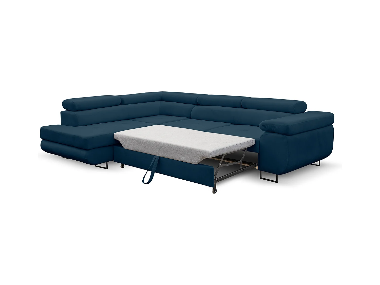 Canapé d'angle Jerry avec fonction couchage et coffre de rangement, couleur : bleu, tissu velours, pouf à gauche