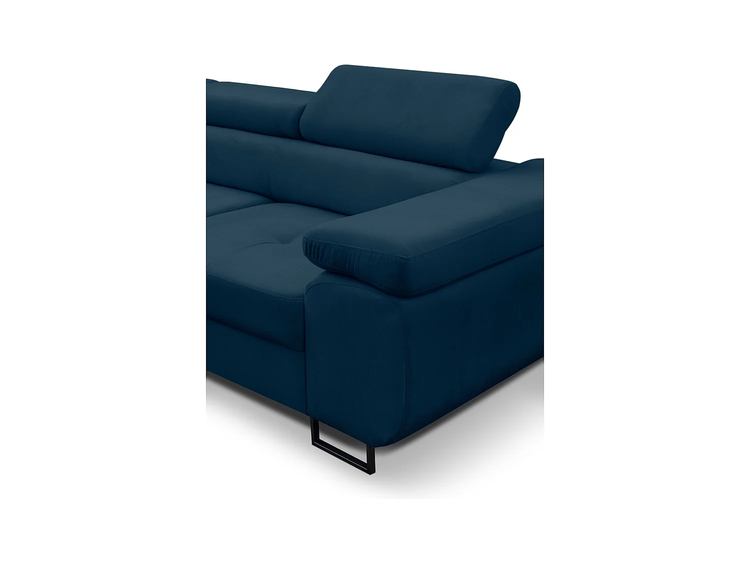 Canapé d'angle Jerry avec fonction couchage et coffre de rangement, couleur : bleu, tissu velours, pouf à gauche