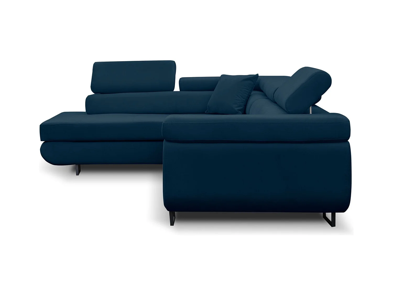 Canapé d'angle Jerry avec fonction couchage et coffre de rangement, couleur : bleu, tissu velours, pouf à gauche