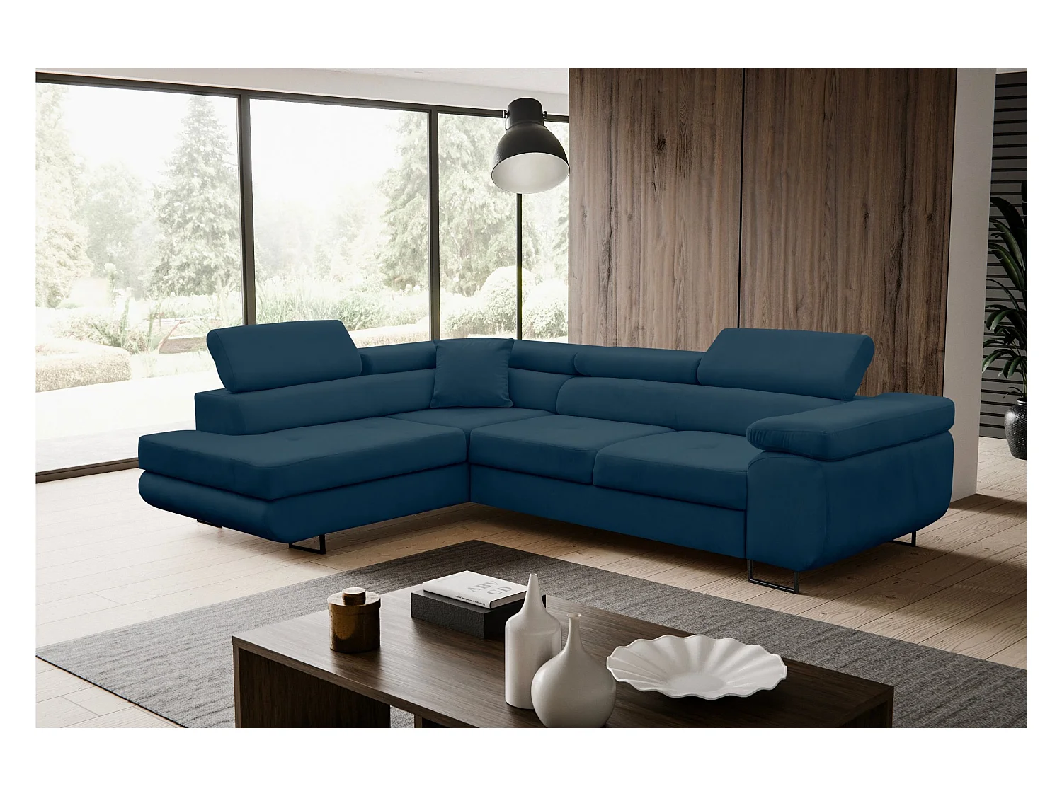 Canapé d'angle Jerry avec fonction couchage et coffre de rangement, couleur : bleu, tissu velours, pouf à gauche