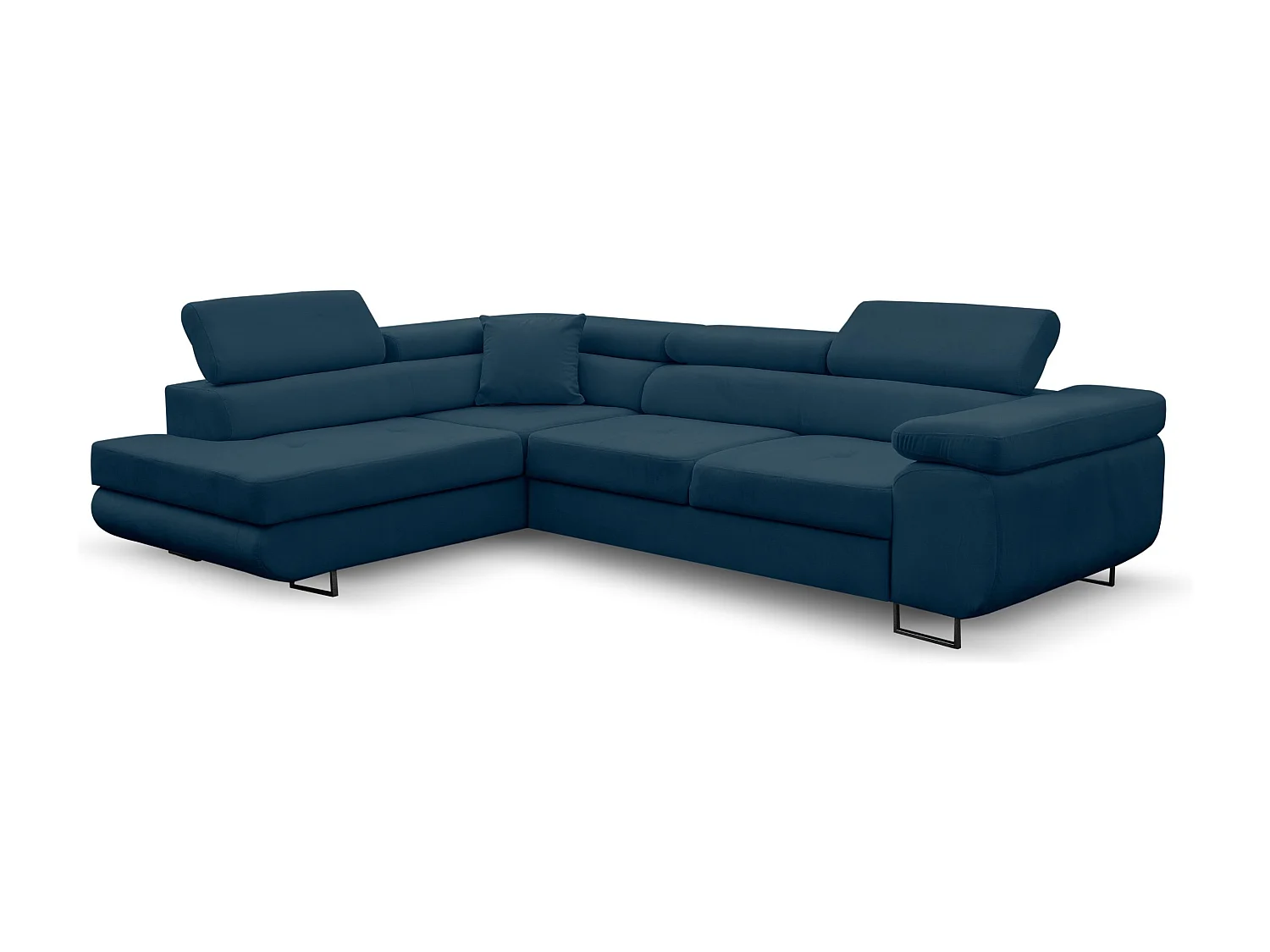 Canapé d'angle Jerry avec fonction couchage et coffre de rangement, couleur : bleu, tissu velours, pouf à gauche