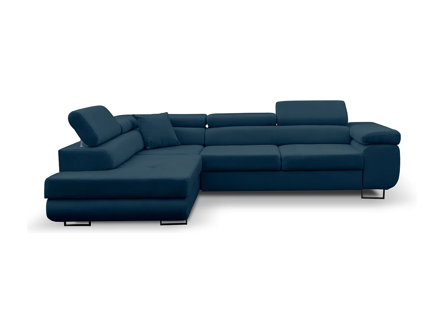 Canapé d'angle Jerry avec fonction couchage et coffre de rangement, couleur : bleu, tissu velours, pouf à gauche