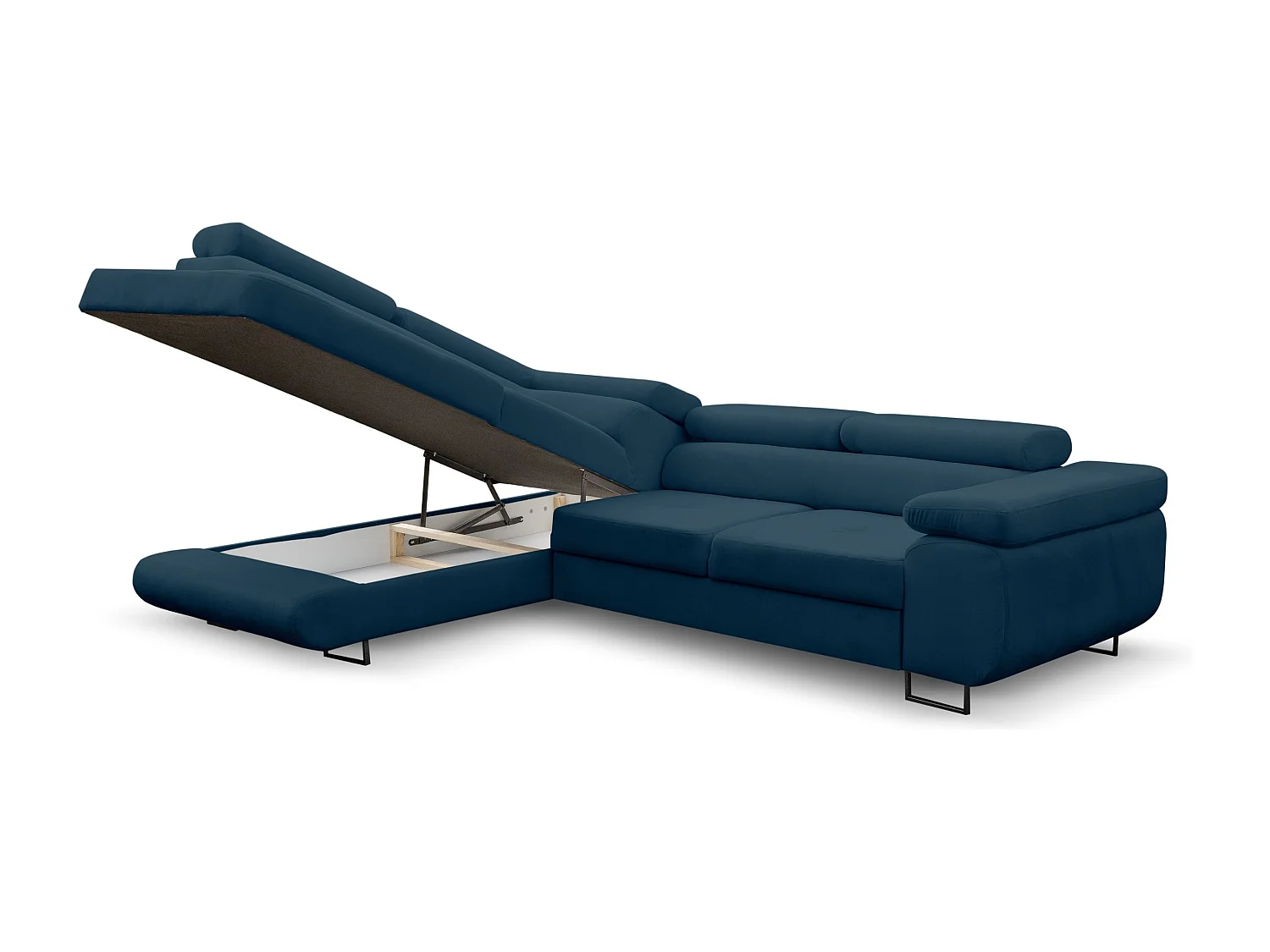 Canapé d'angle Jerry avec fonction couchage et coffre de rangement, couleur : bleu, tissu velours, pouf à gauche