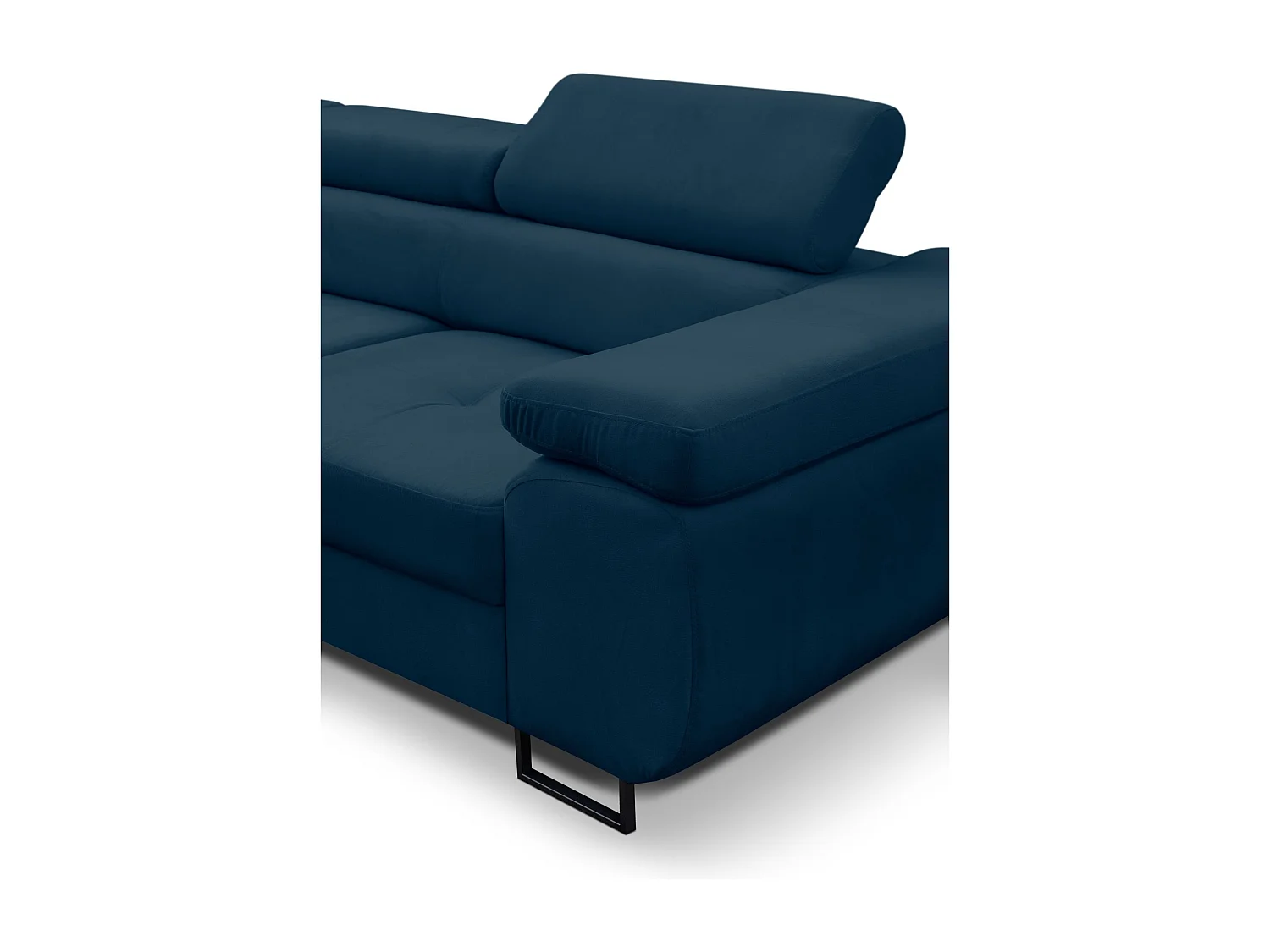 Canapé d'angle Jerry avec fonction couchage et coffre de rangement, couleur : bleu, tissu velours, pouf à gauche