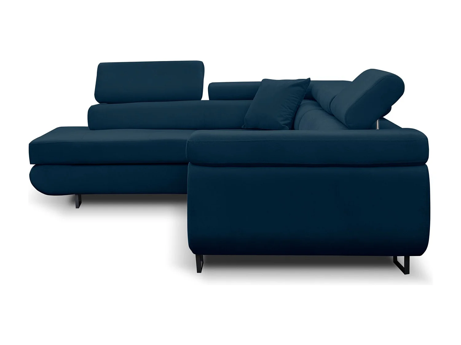 Canapé d'angle Jerry avec fonction couchage et coffre de rangement, couleur : bleu, tissu velours, pouf à gauche