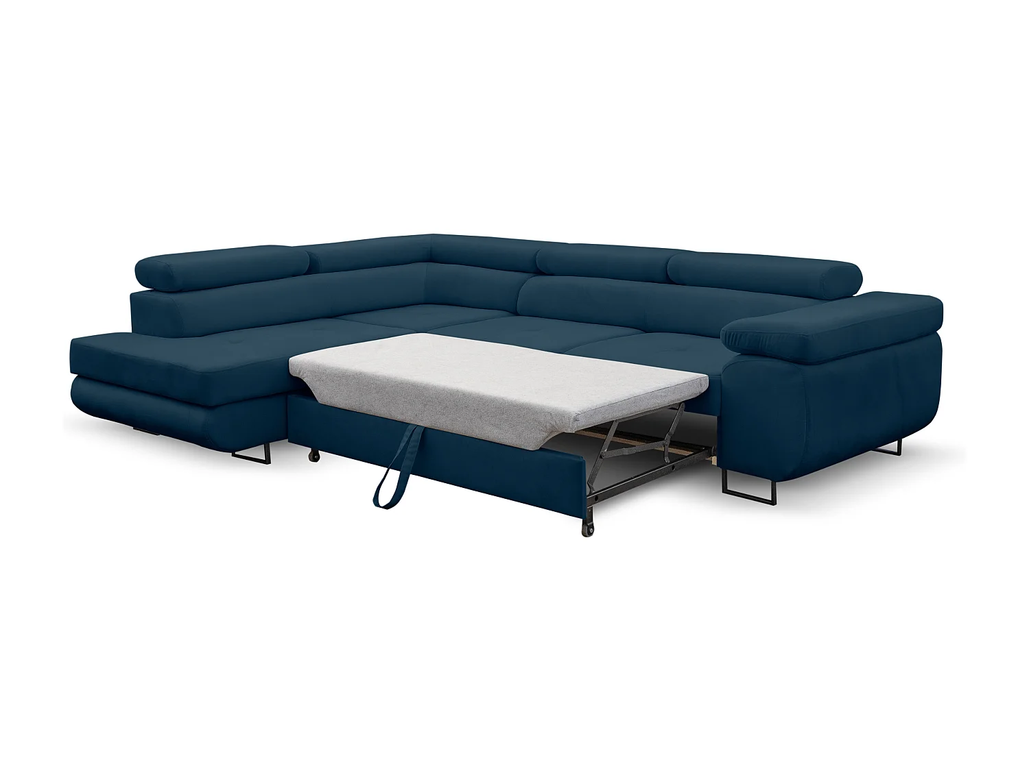 Canapé d'angle Jerry avec fonction couchage et coffre de rangement, couleur : bleu, tissu velours, pouf à gauche