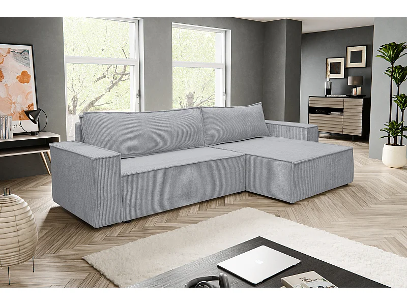 Canapé d'angle Hugo XL avec fonction couchage et coffre de rangement, couleur : gris, tissu cordé, ottomane à gauche ou à droite