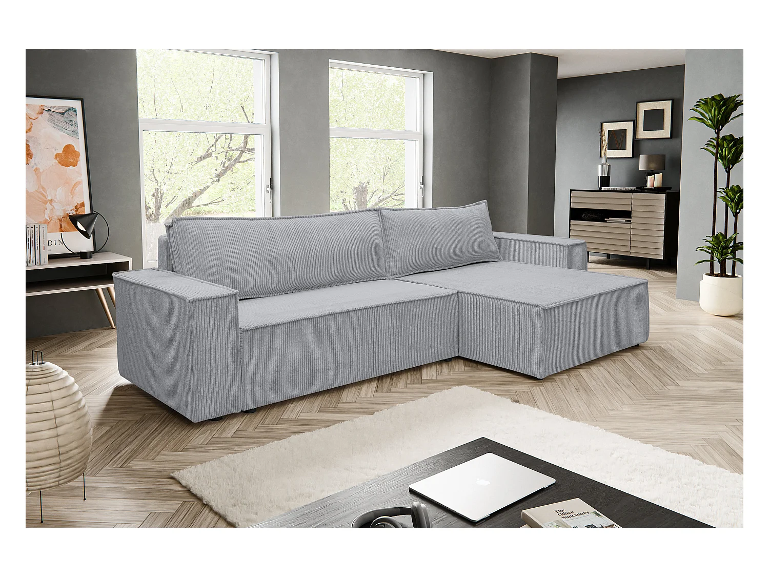 Canapé d'angle Hugo XL avec fonction couchage et coffre de rangement, couleur : gris, tissu cordé, ottomane à gauche ou à droite