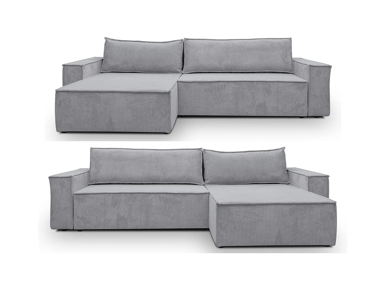 Canapé d'angle Hugo XL avec fonction couchage et coffre de rangement, couleur : gris, tissu cordé, ottomane à gauche ou à droite