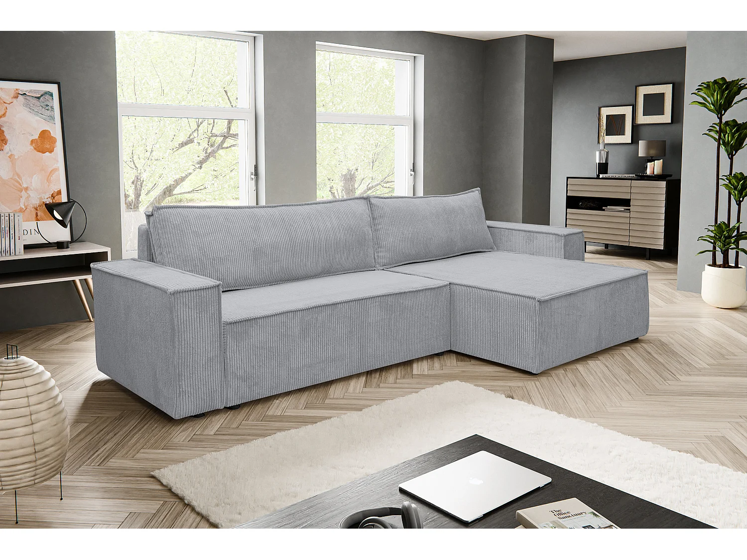 Canapé d'angle Hugo XL avec fonction couchage et coffre de rangement, couleur : gris, tissu cordé, ottomane à gauche ou à droite