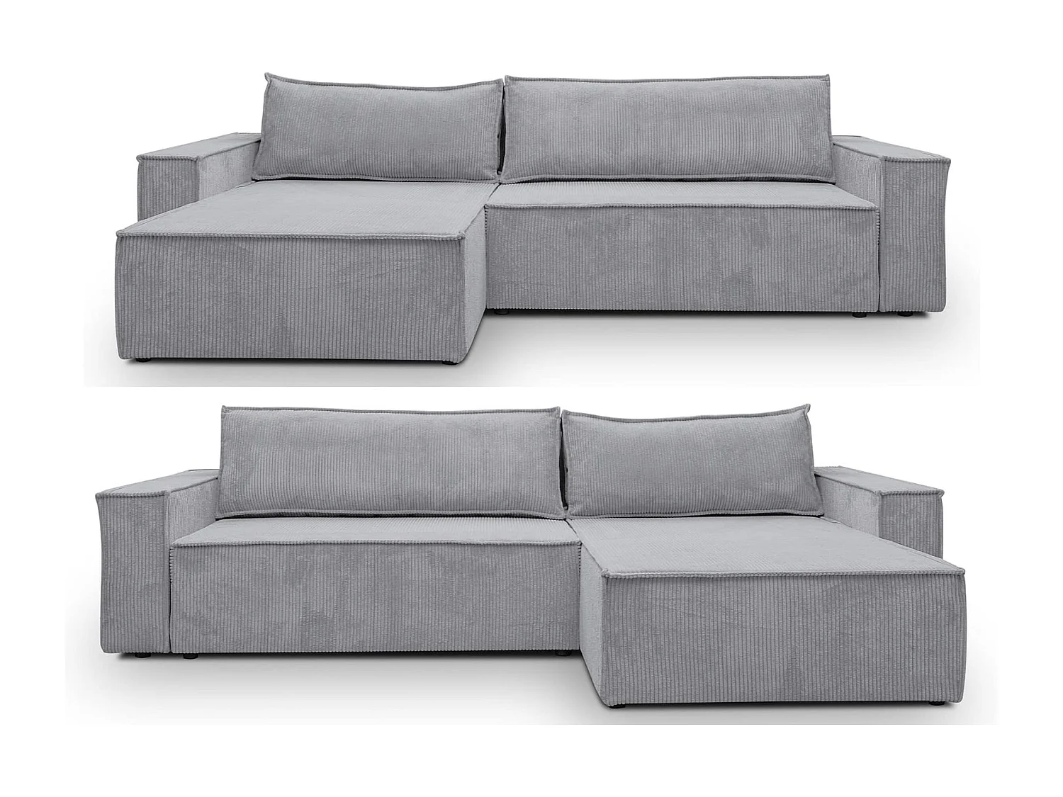 Canapé d'angle Hugo XL avec fonction couchage et coffre de rangement, couleur : gris, tissu cordé, ottomane à gauche ou à droite