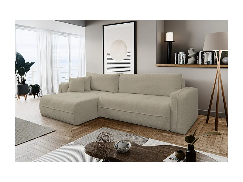 Hoekbank Cloud, hoekbank in L-vorm met slaapfunctie en bedbak, kleur: lichtbruin, bouclé-stof, universele ottomane