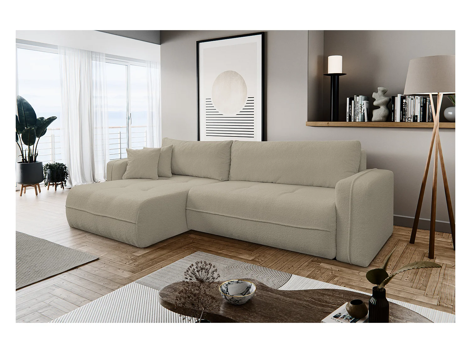 Canapé d'angle Cloud avec fonction couchage et coffre de rangement, couleur : marron clair, tissu bouclé, pouf universel