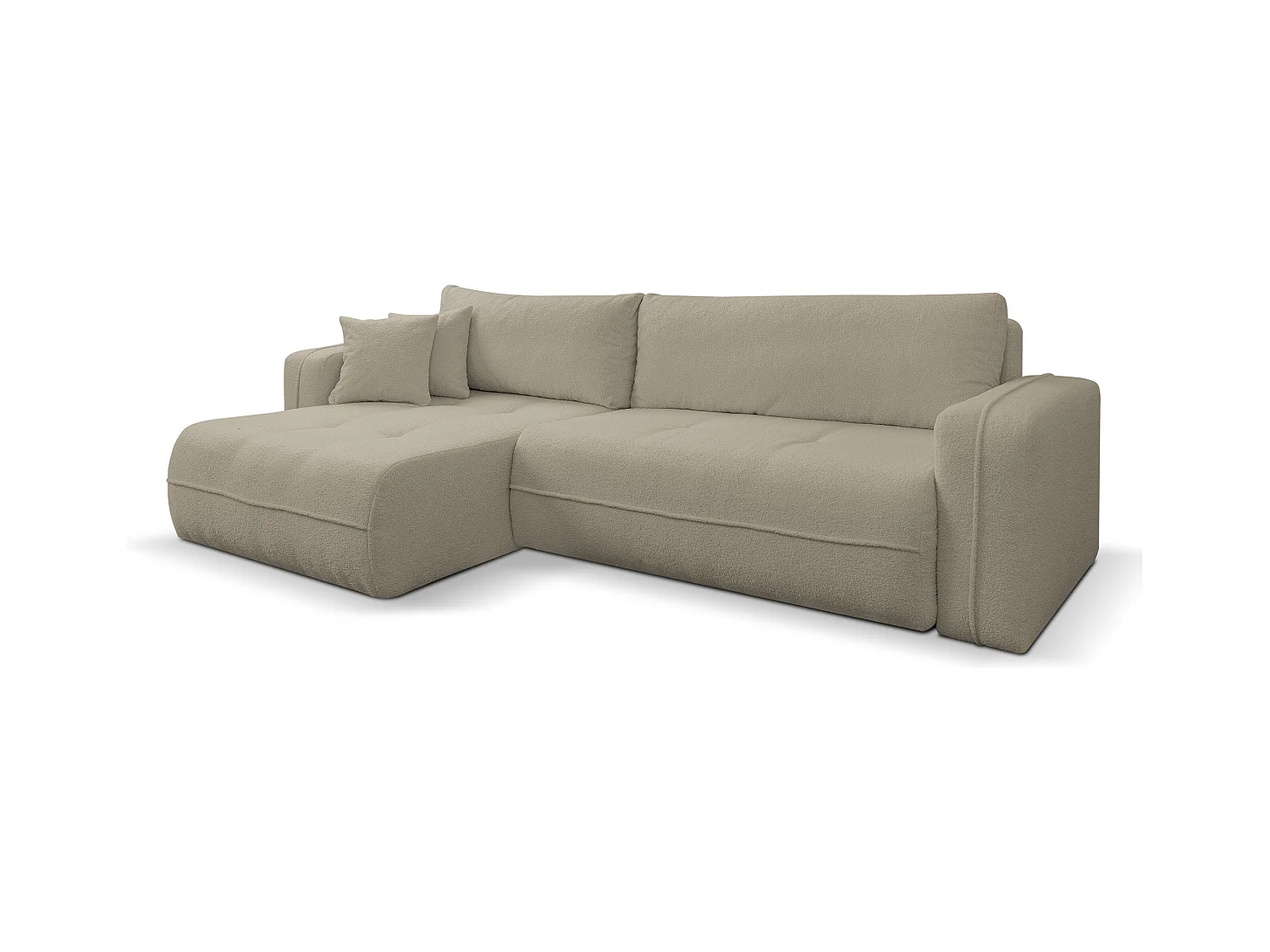 Canapé d'angle Cloud avec fonction couchage et coffre de rangement, couleur : marron clair, tissu bouclé, pouf universel