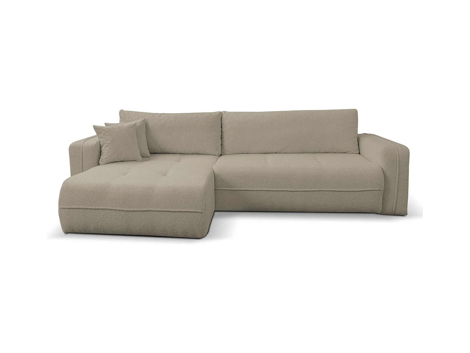 Canapé d'angle Cloud avec fonction couchage et coffre de rangement, couleur : marron clair, tissu bouclé, pouf universel