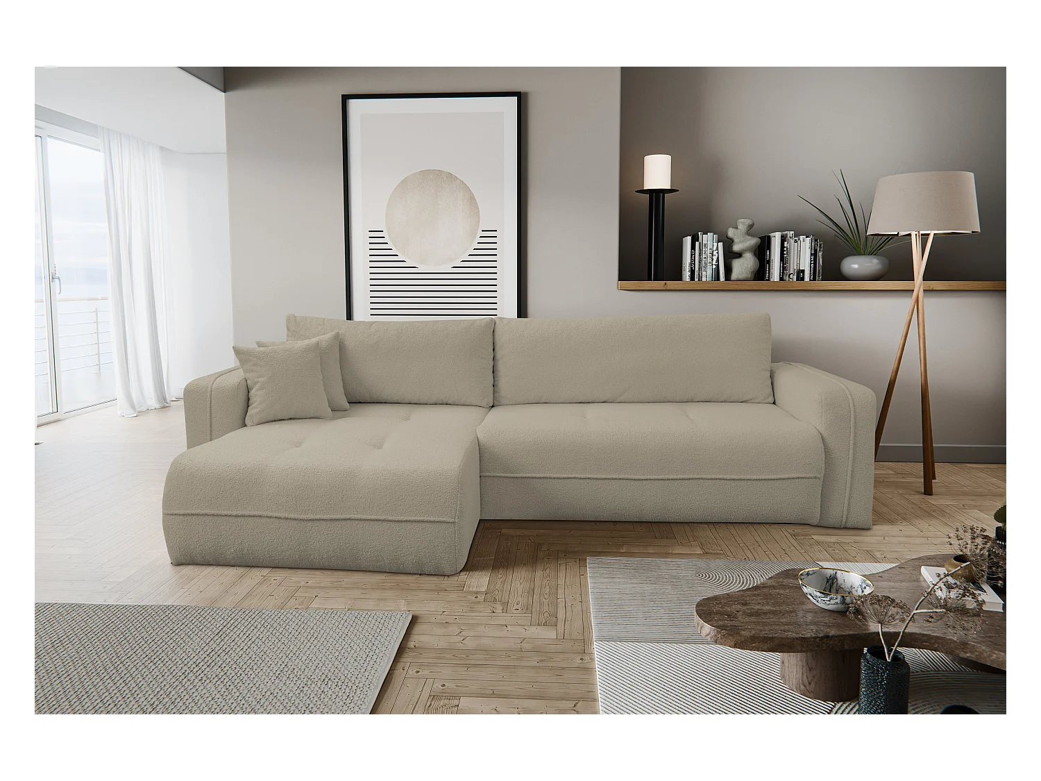 Canapé d'angle Cloud avec fonction couchage et coffre de rangement, couleur : marron clair, tissu bouclé, pouf universel