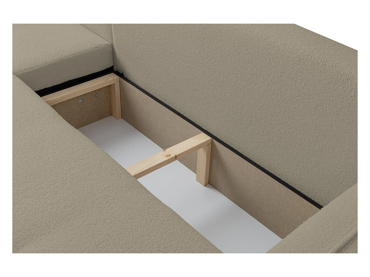 Canapé d'angle Cloud avec fonction couchage et coffre de rangement, couleur : marron clair, tissu bouclé, pouf universel