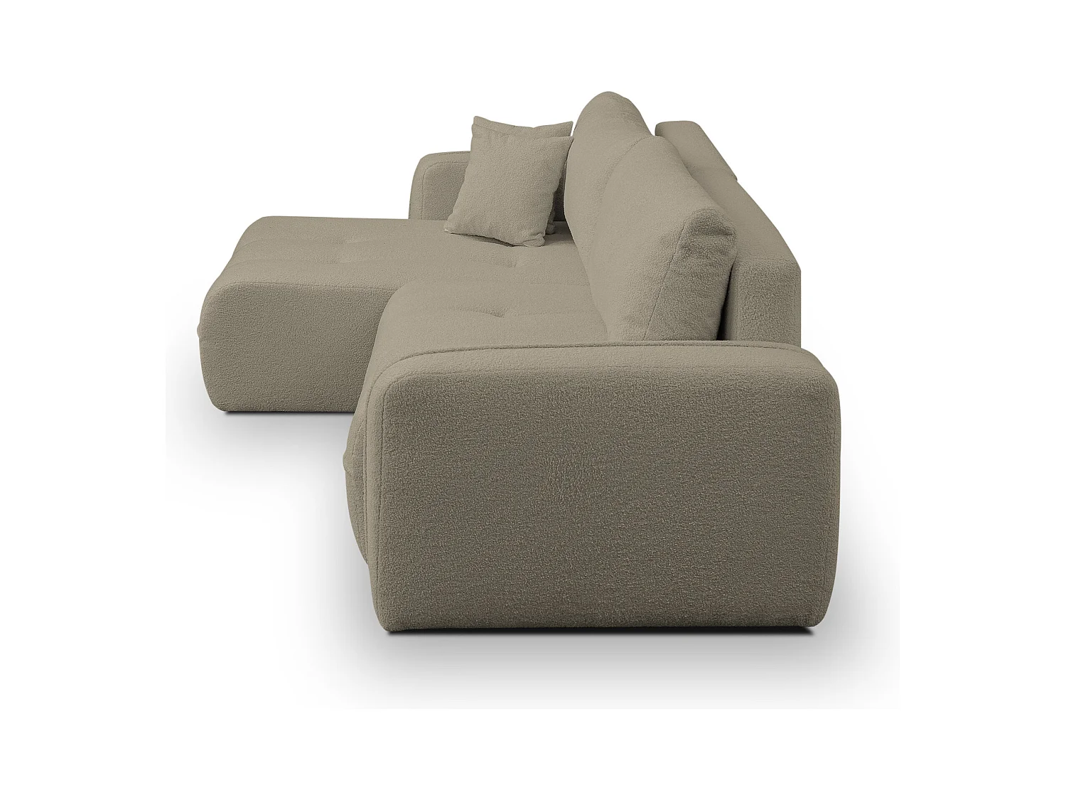 Canapé d'angle Cloud avec fonction couchage et coffre de rangement, couleur : marron clair, tissu bouclé, pouf universel