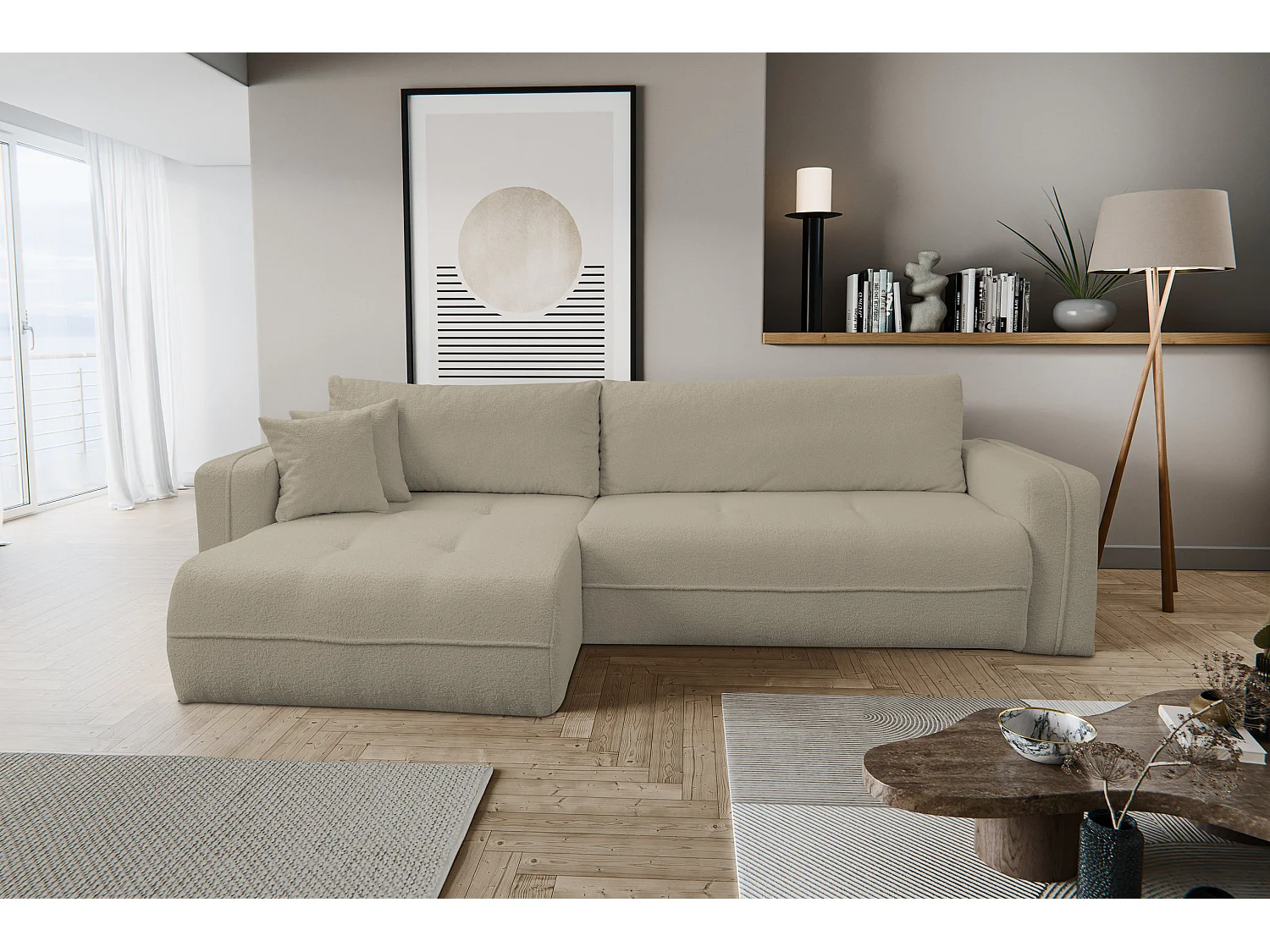 Canapé d'angle Cloud avec fonction couchage et coffre de rangement, couleur : marron clair, tissu bouclé, pouf universel