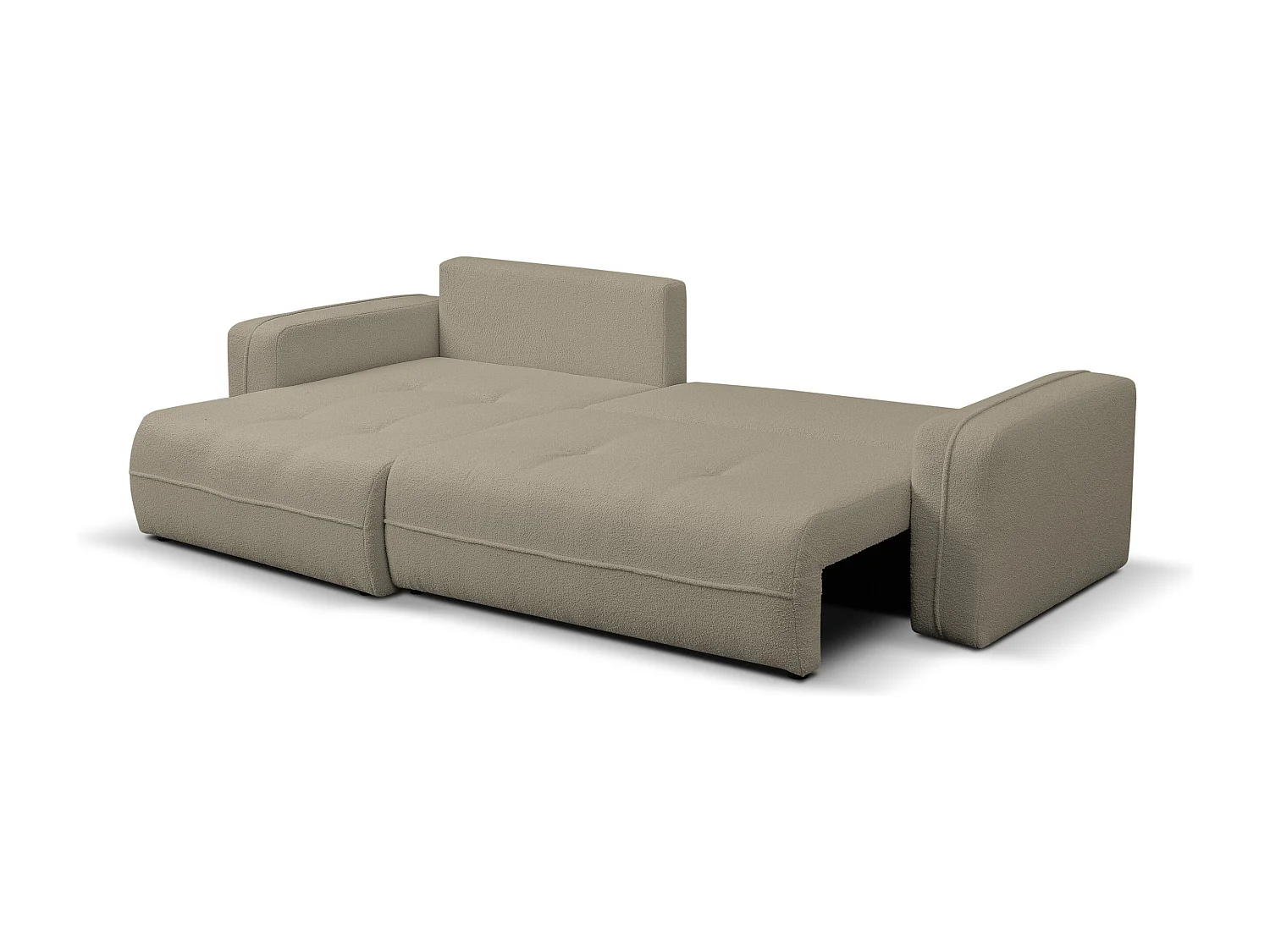 Canapé d'angle Cloud avec fonction couchage et coffre de rangement, couleur : marron clair, tissu bouclé, pouf universel