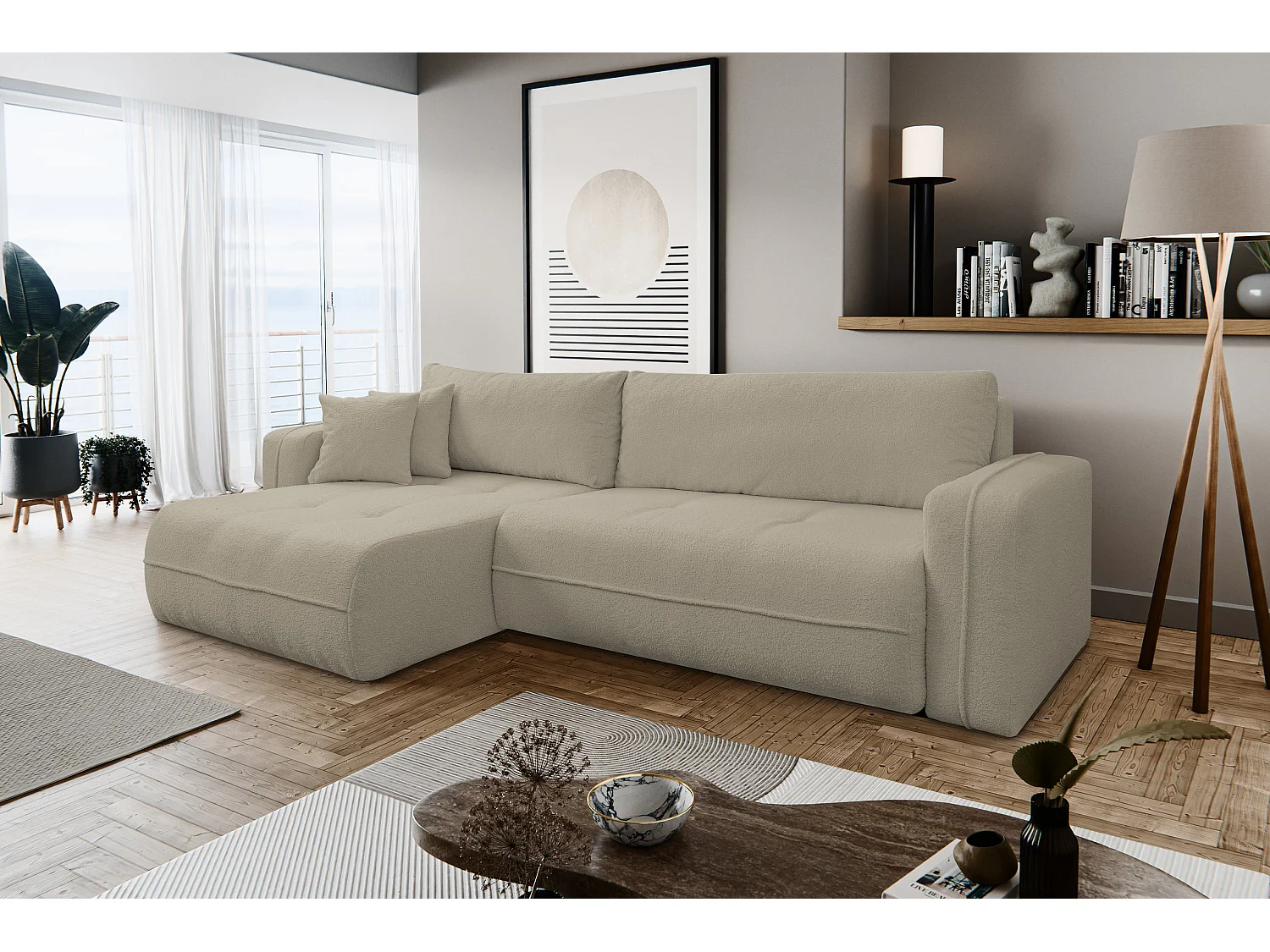 Canapé d'angle Cloud avec fonction couchage et coffre de rangement, couleur : marron clair, tissu bouclé, pouf universel