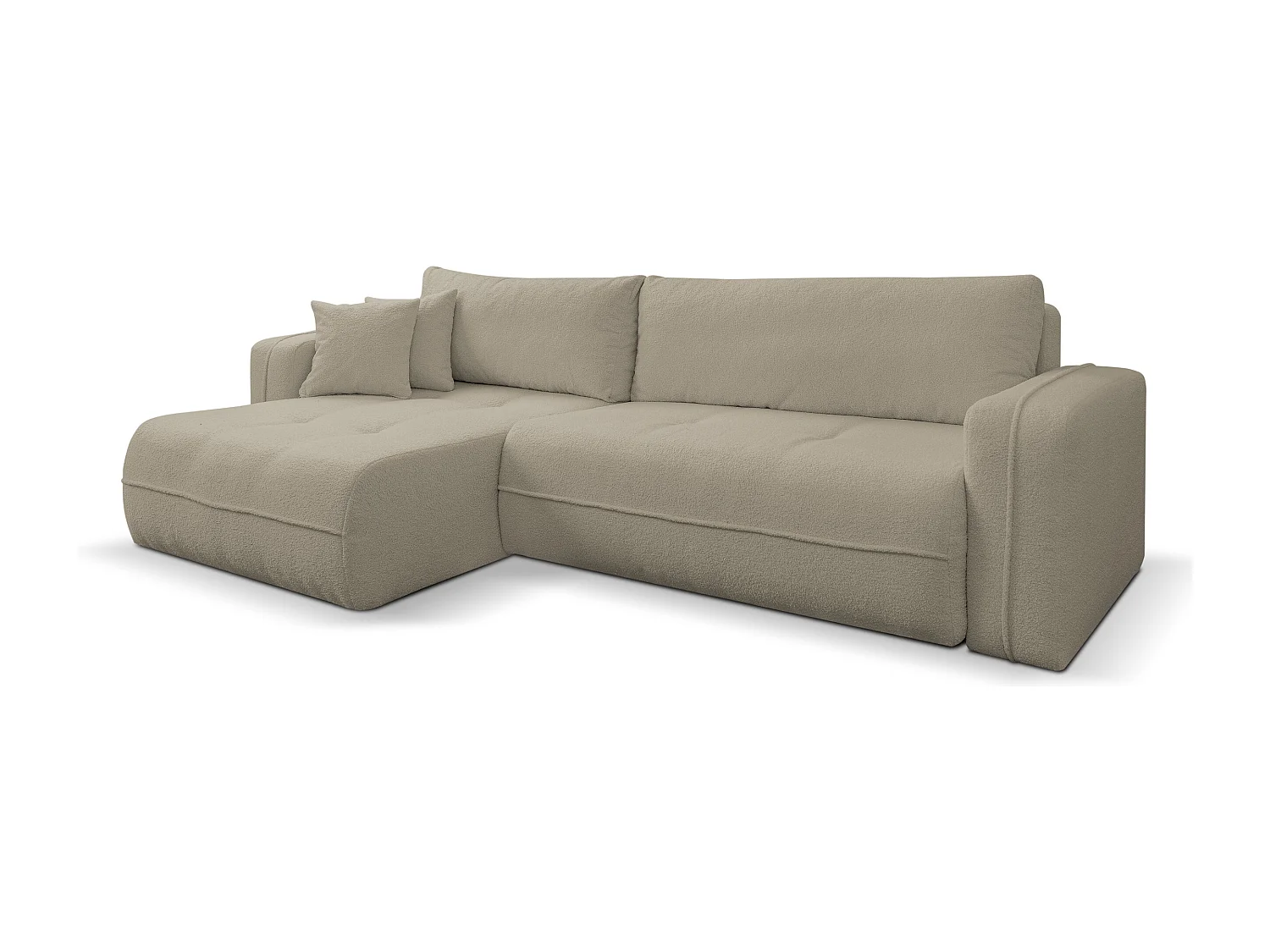 Canapé d'angle Cloud avec fonction couchage et coffre de rangement, couleur : marron clair, tissu bouclé, pouf universel