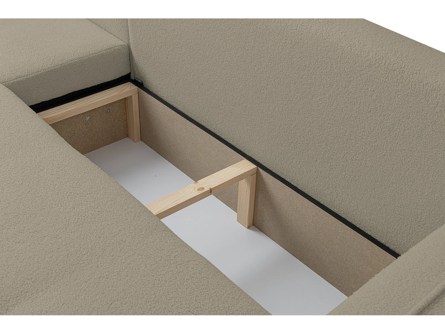 Canapé d'angle Cloud avec fonction couchage et coffre de rangement, couleur : marron clair, tissu bouclé, pouf universel