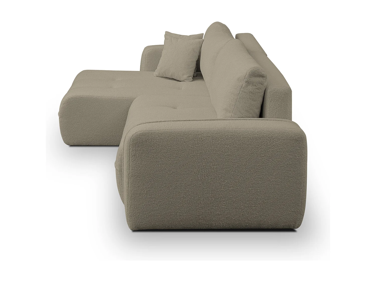 Canapé d'angle Cloud avec fonction couchage et coffre de rangement, couleur : marron clair, tissu bouclé, pouf universel