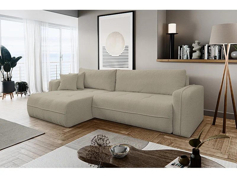 Canapé d'angle Cloud avec fonction couchage et coffre de rangement, couleur : marron clair, tissu bouclé, pouf universel