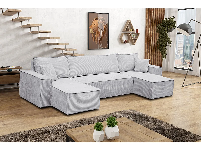 Ensemble de salon Hugo U, canapé en U avec fonction couchage et coffre de rangement, couleur : gris clair, tissu cordé