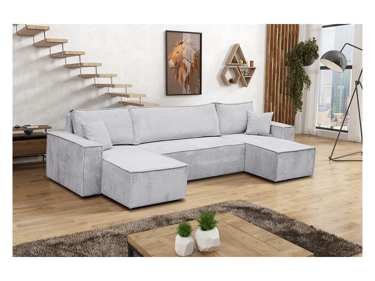 Ensemble de salon Hugo U, canapé en U avec fonction couchage et coffre de rangement, couleur : gris clair, tissu cordé