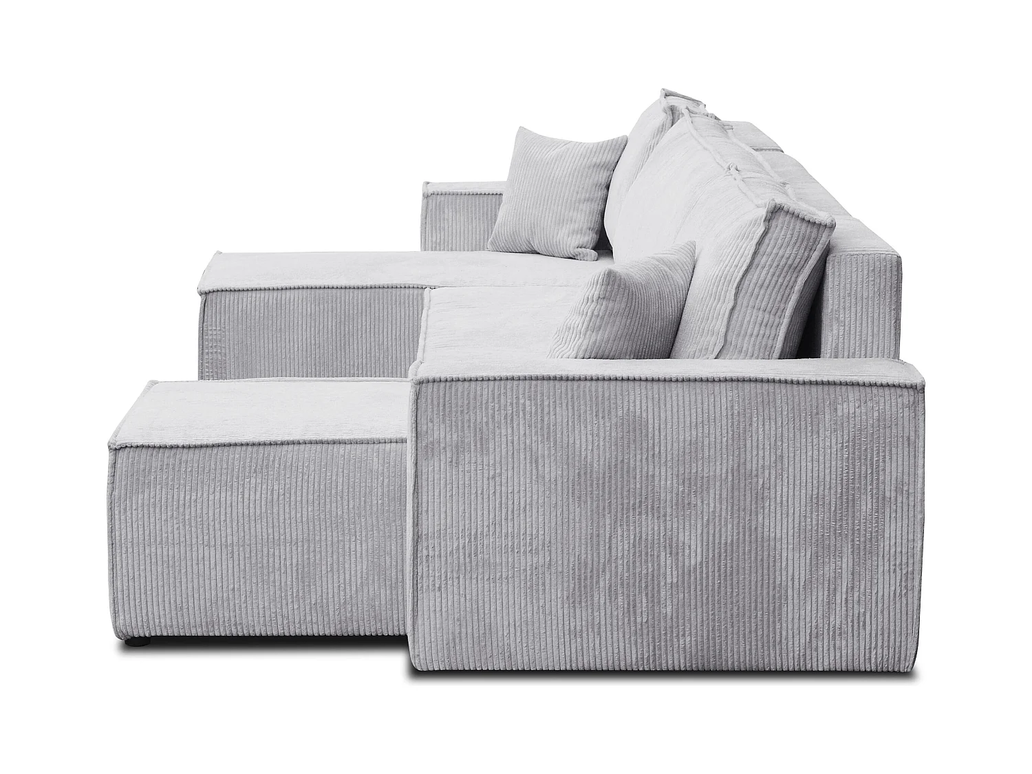 Ensemble de salon Hugo U, canapé en U avec fonction couchage et coffre de rangement, couleur : gris clair, tissu cordé