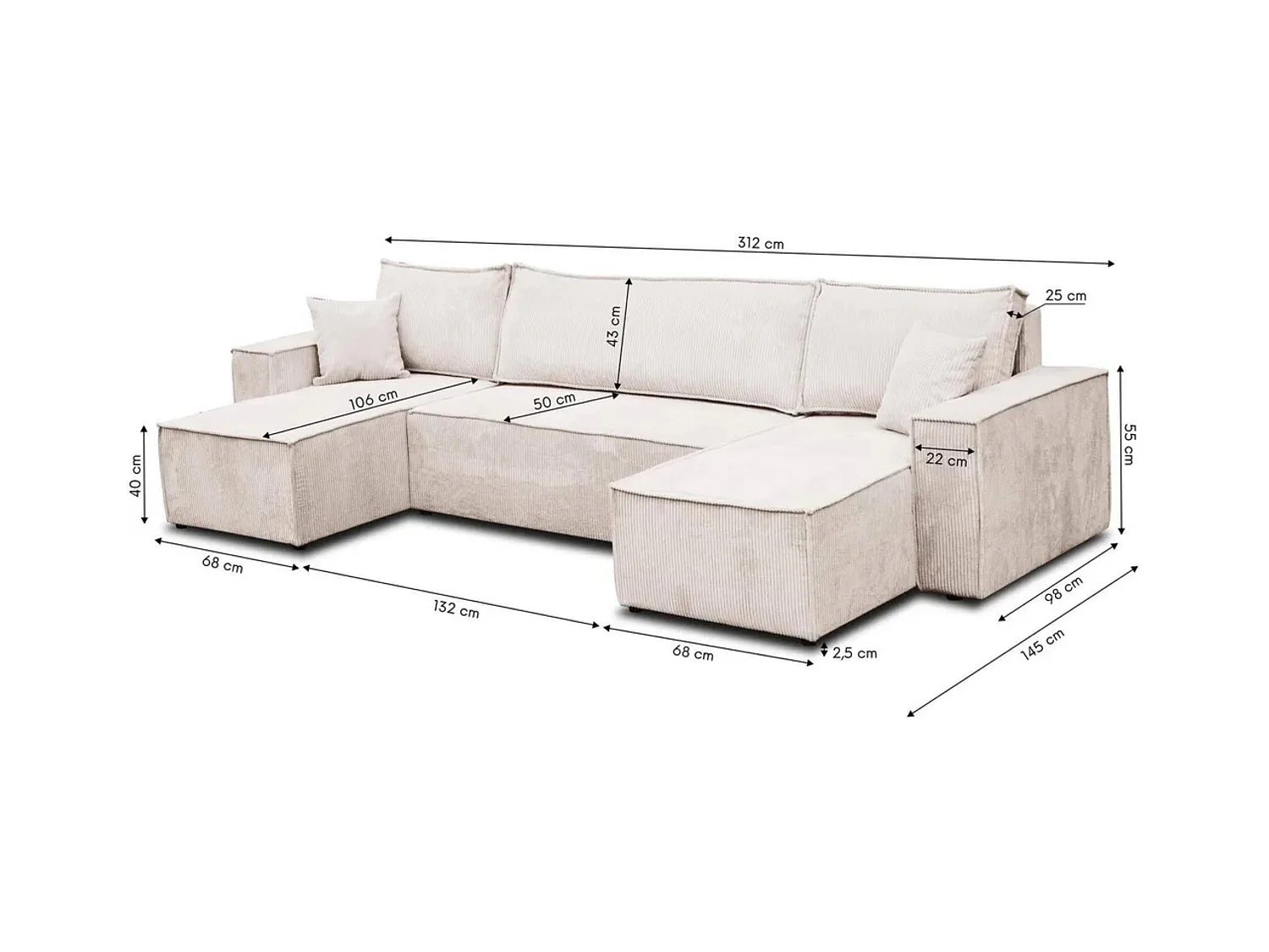 Ensemble de salon Hugo U, canapé en U avec fonction couchage et coffre de rangement, couleur : gris clair, tissu cordé