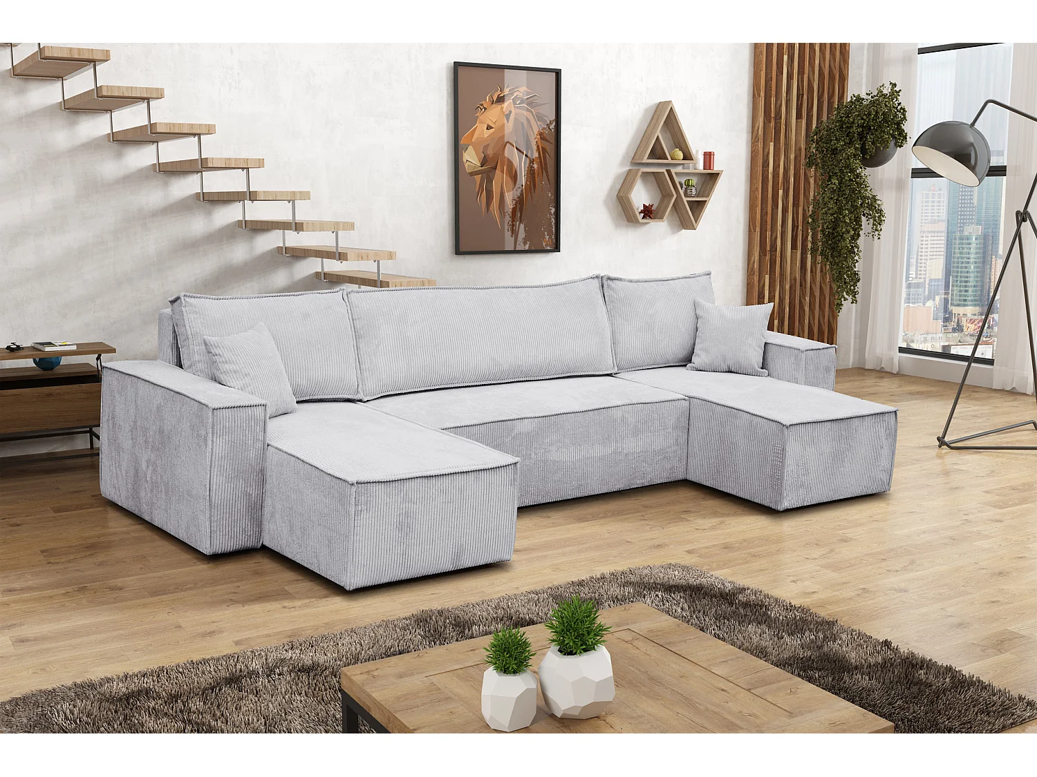 Ensemble de salon Hugo U, canapé en U avec fonction couchage et coffre de rangement, couleur : gris clair, tissu cordé