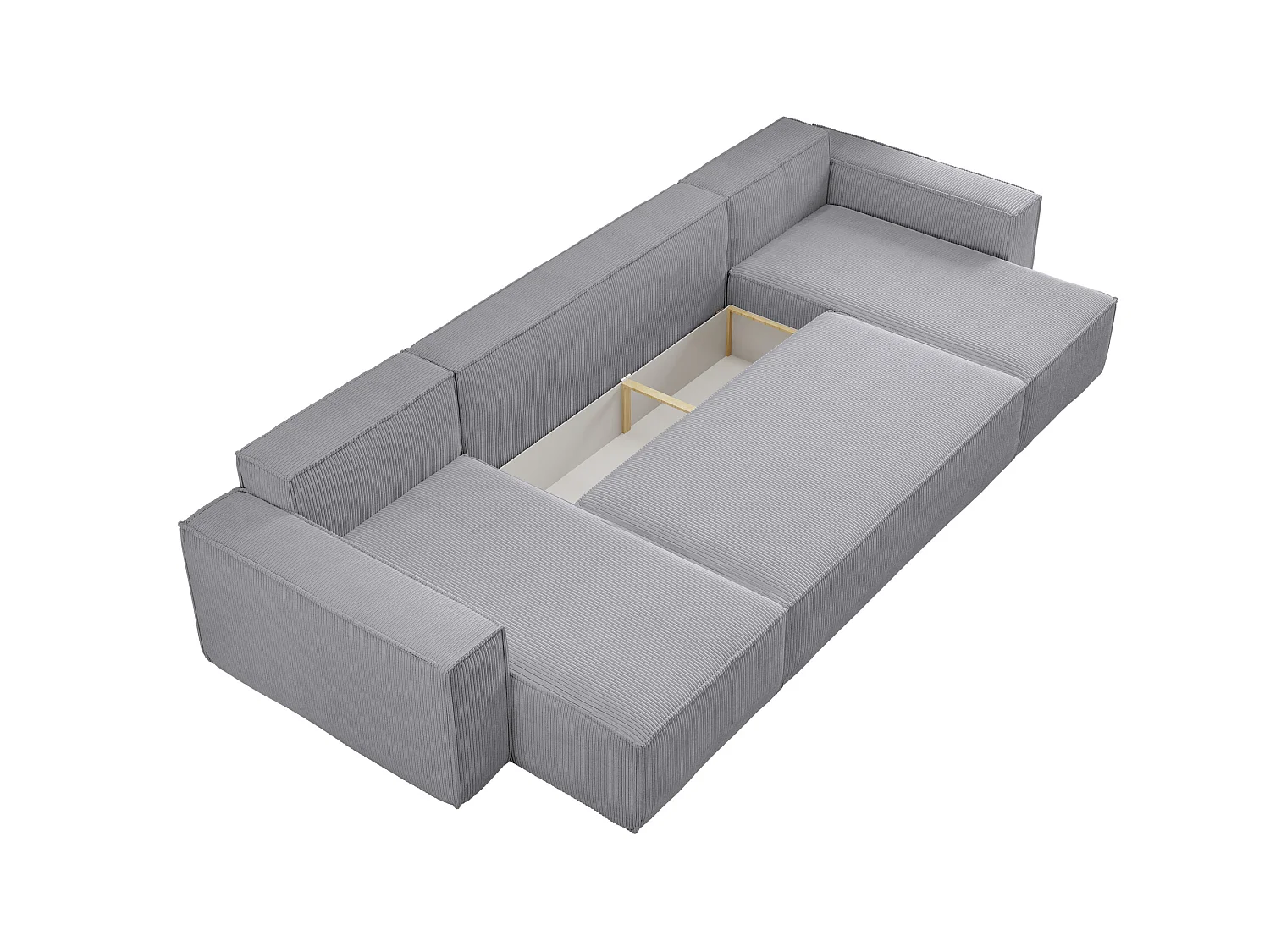 Ensemble de salon Hugo U, canapé en U avec fonction couchage et coffre de rangement, couleur : gris clair, tissu cordé