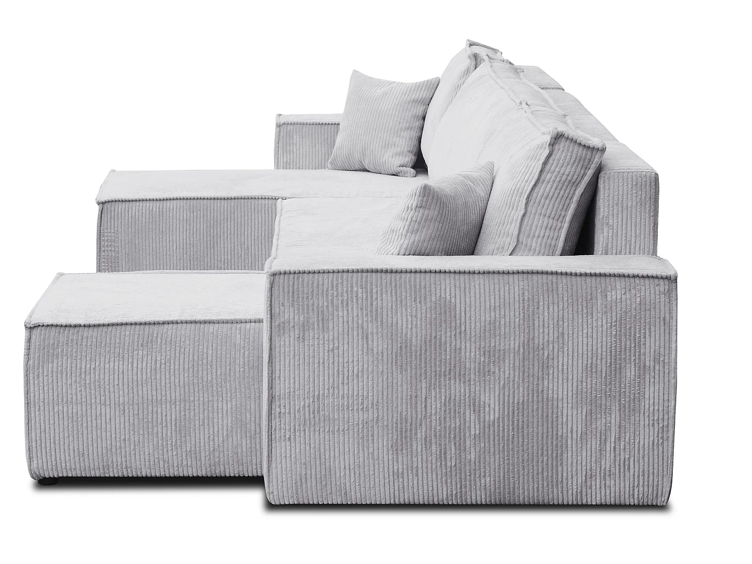 Ensemble de salon Hugo U, canapé en U avec fonction couchage et coffre de rangement, couleur : gris clair, tissu cordé